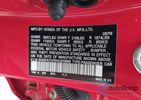 2017 Honda Civic Ex-L from USA, damaged, VIN SHHFK7H75HU203668